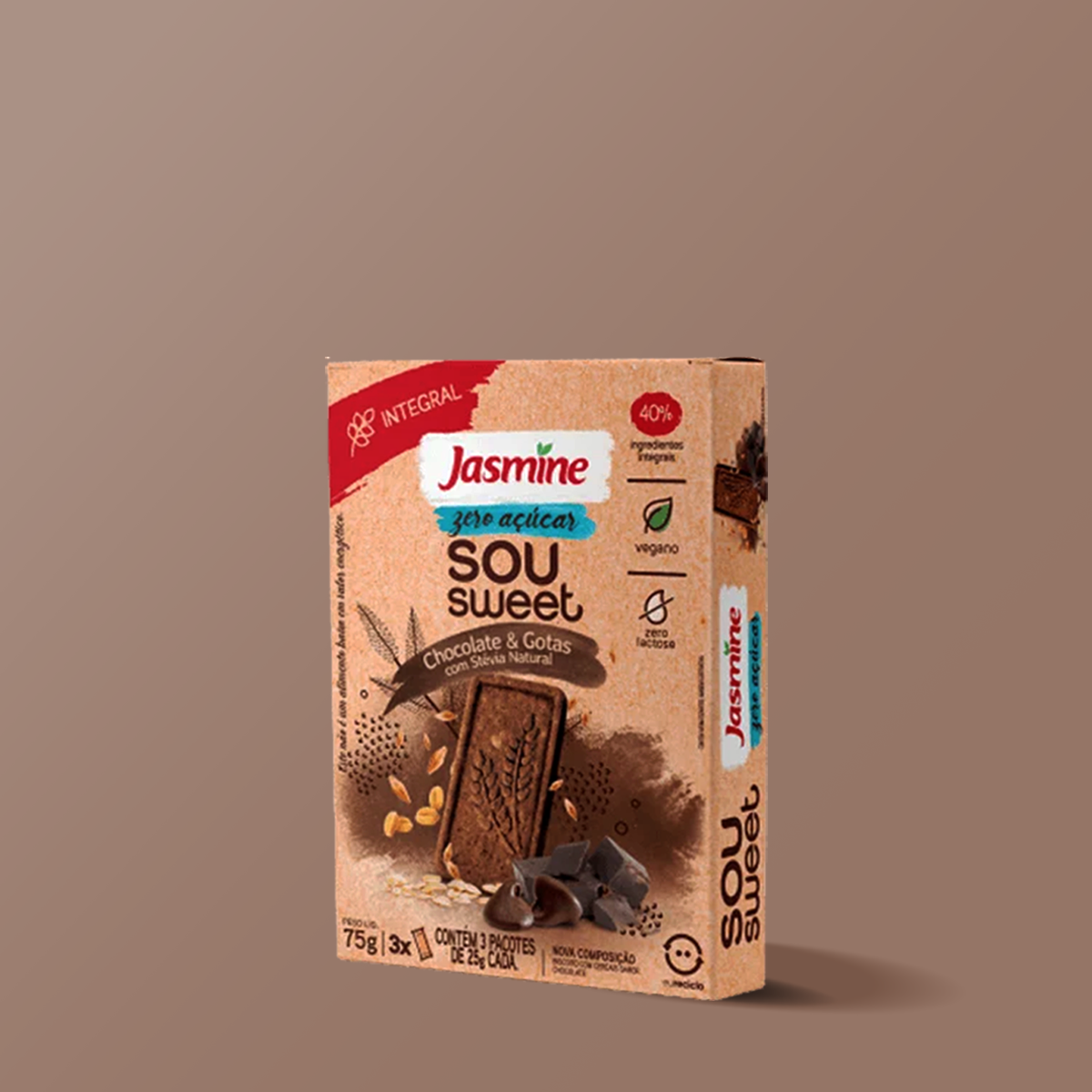 Biscoito Vegano Chocolate & Gotas Zero Açúcar Sou Sweet 75g - Jasmine