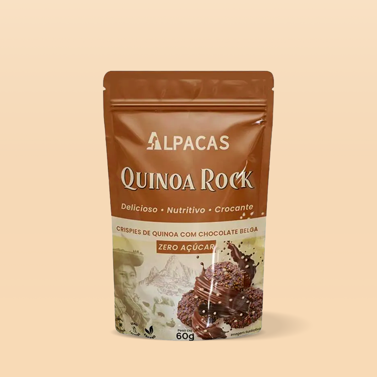 Crispies de Quinoa com Chocolate Zero Açúcar 60g - Alpacas