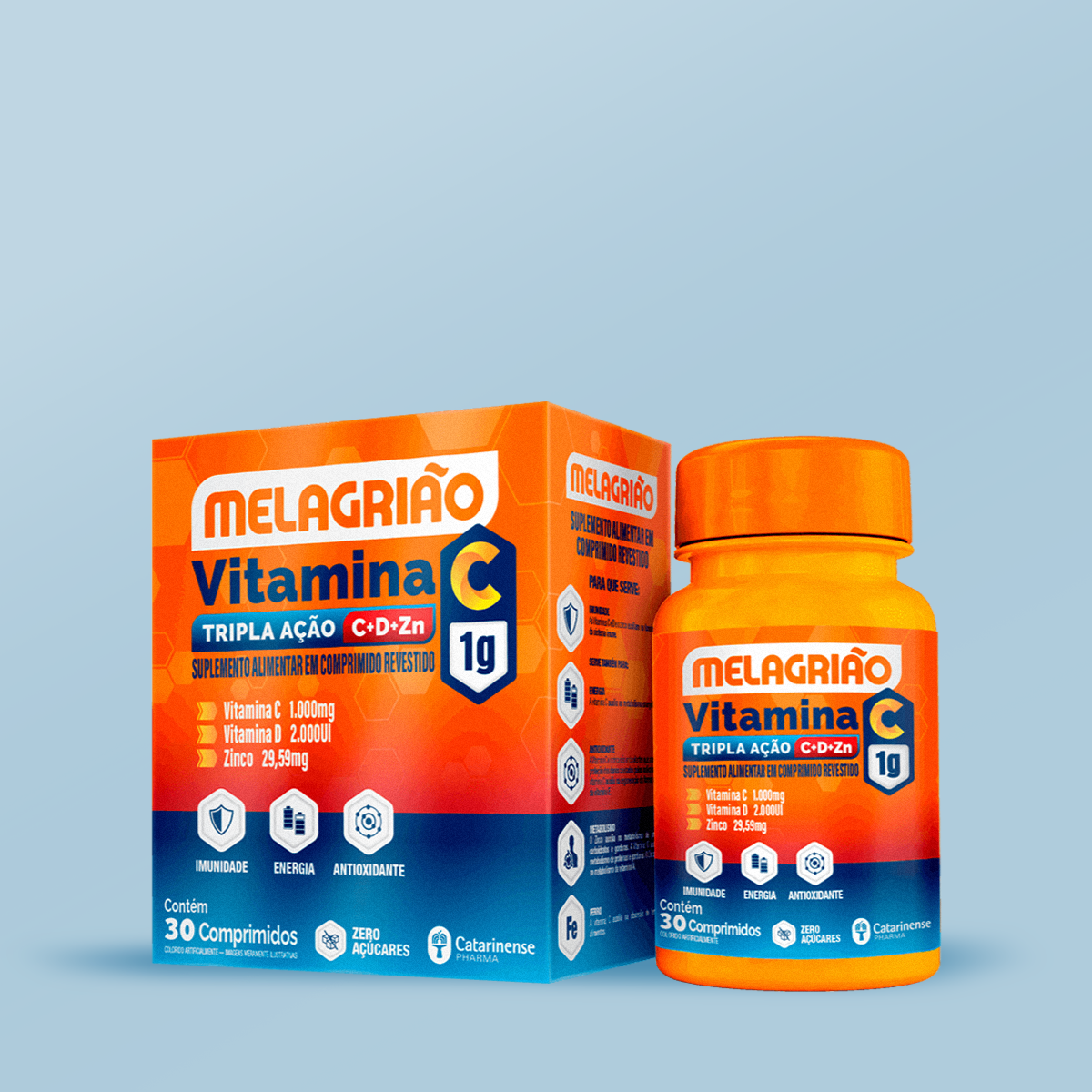 Vitamina C 1g Tripla Ação C+D+Zn 30 Comprimidos - Melagrião